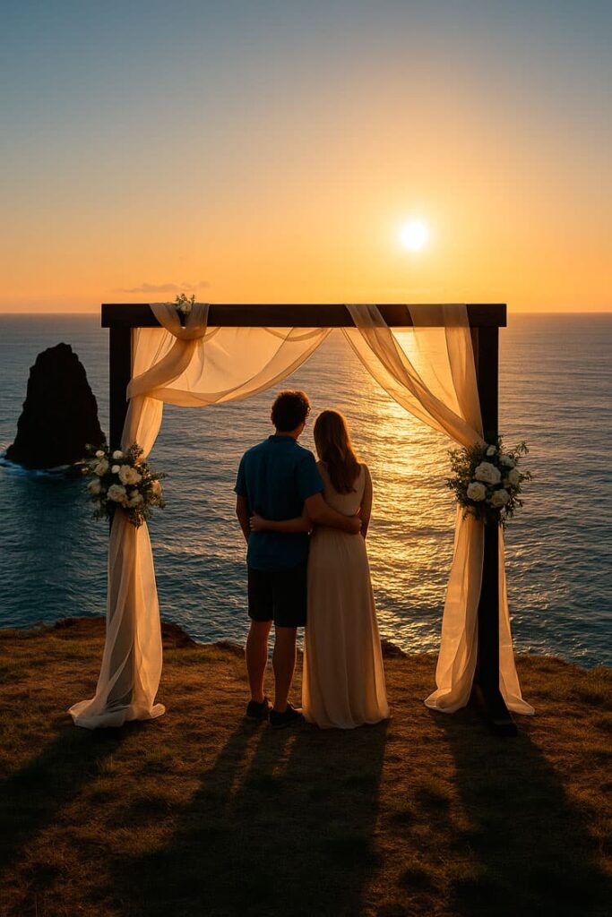 Pareja abrazada bajo un arco decorado con telas y flores, contemplando el atardecer en Risco Partido, Gran Canaria. Un momento íntimo y romántico ideal para una boda elopement en un paisaje natural espectacular frente al océano.